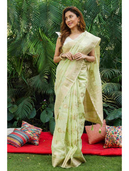 Beatitude - Green Woven Linen Saree with Unstitched Blouse