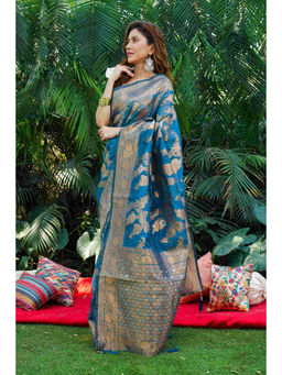 Beatitude - Blue Woven Linen Saree with Unstitched Blouse