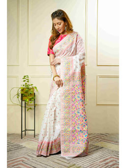 Beatitude - White Woven Kashmiri Saree with Unstitched Blouse