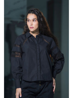 Virgio - Black Women Cotton Shirt Collar Neck Regular Solid Cuffed Sleeves Top