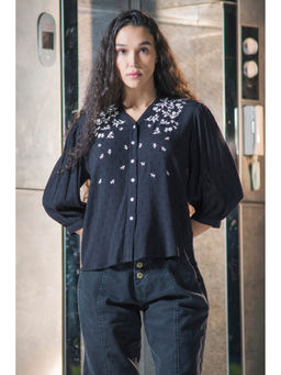 Virgio - Black Women Viscose V-Neck Regular Ethnic Motifs Print Bishop Sleeves Top