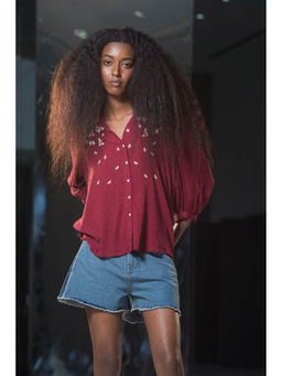 Virgio - Maroon Women Viscose V-Neck Regular Ethnic Motifs Embroidered Bishop Sleeves Top