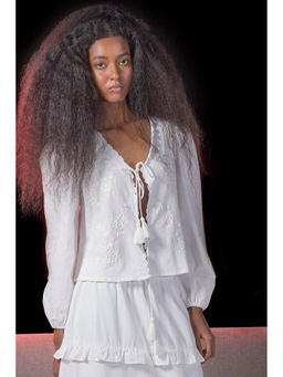 Virgio - White Women Viscose V-Neck Regular Ethnic Motifs Bishop Sleeves Top