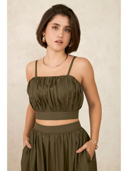 Virgio - Olive Women Cotton Shoulder Straps Neck Crop Length Solid Top