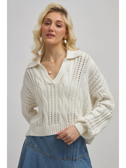 Virgio - White Women Cotton Collar Neck Regular Top