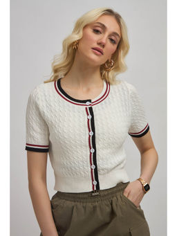 Virgio - White Women Cotton Round Neck Self Design Regular Sleeves Top