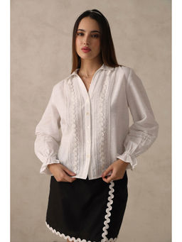 Virgio - White Women Cotton Shirt Collar Neck Regular Solid Top