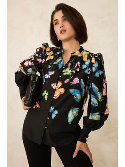 Virgio - Black Women Recycled Polyester Mandarin Collar Neck Floral Print Cuffed Sleeves Top