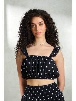 Virgio - Black Women Viscose Shoulder Straps Mini Polka Dots Sleeveless Crop Top