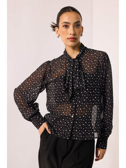 Virgio - Black Women Recycled Polyester Tie-Up Bow Neck Regular Printed Regular Sleeve Top