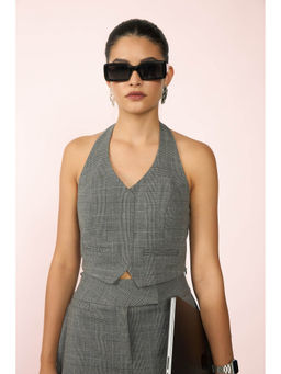 Virgio - Grey Women Recycled Polyester Halter Neck Regular Checks Sleeveless Top