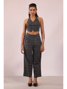 Virgio - Black Women Recycled Polyester V-Neck Crop Length Checks Sleeveless Top