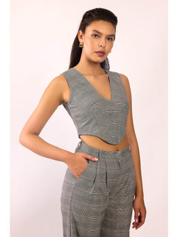 Virgio - Grey Women Recycled Polyester V-Neck Crop Length Checks Sleeveless Top