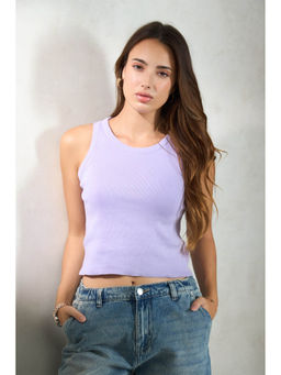 Virgio - Lavender Women Cotton Round Neck Crop Length Solid Sleeveless Top