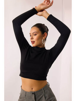 Virgio - Black Women Cotton High Neck Regular Solid Fitted Sleeve Crop Top