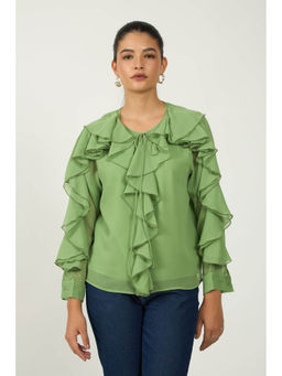 Virgio - Green Women Recycled Polyester Keyhole Regular Solid Cuff Sleeve Top