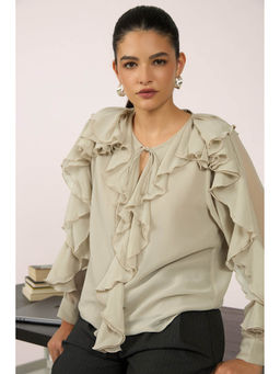 Virgio - Beige Women Recycled Polyester Keyhole Neck Regular Solid Cuff Sleeve Top