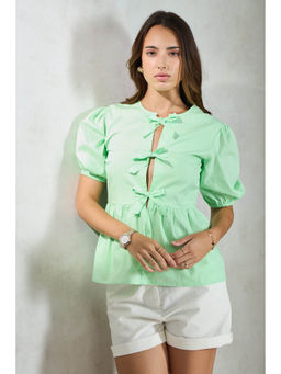 Virgio - Green Women Cotton Round Neck Solid Elbow Sleeve Top