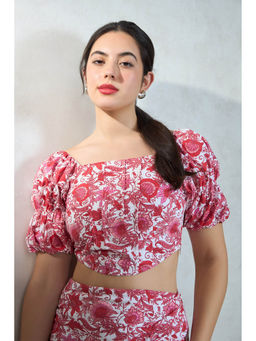 Virgio - Red Women Cotton Square Neck Crop Length Floral Print Short Sleeve Top