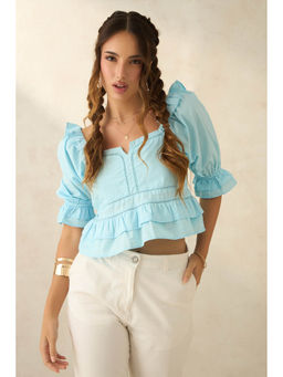 Virgio - Blue Women Cotton Square With Slit Neck Crop Length Solid Elbow Sleeve Top