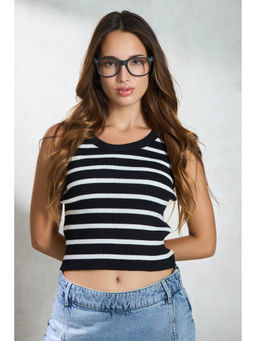 Virgio - Black Women Cotton Round Neck Crop Length Stripes Sleeveless Top