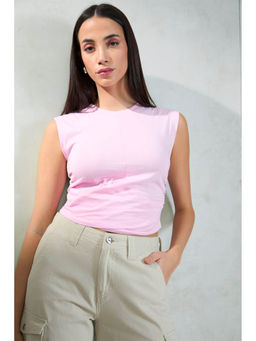 Virgio - Pink Women Cotton Round Neck Regular Solid Extended Sleeveless Top