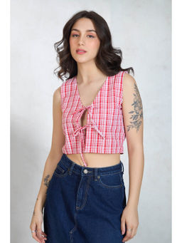 Virgio - Red Women Cotton V Neck Crop Length Checks Sleeveless Top