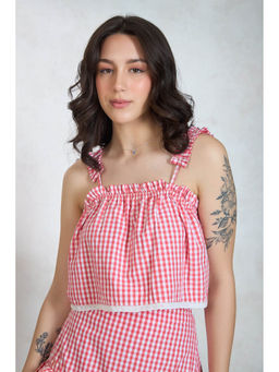 Virgio - Red Women Cotton Straight Neck Crop Length Checks Sleeveless Top