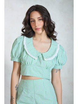 Virgio - Green Women Cotton Round Neck Crop Length Checks Puff Sleeve Crop Top