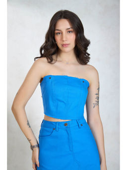 Virgio - Blue Women Cotton Straight Neck Crop Length Solid Sleeveless Top