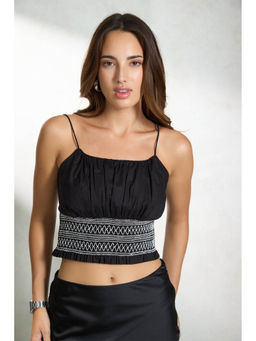 Virgio - Black Women Cotton Shoulder Stap Neck Crop Length Solid Sleeveless Top