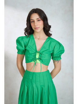 Virgio - Green Women Cotton V Neck Crop Length Solid Short Sleeve Top