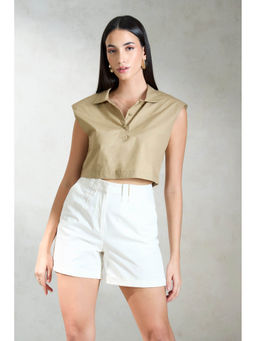 Virgio - Khaki Women Cotton Shirt Collar Neck Crop Length Solid Shoulder Padded Sleeve Top