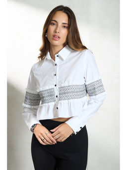 Virgio - White Women Cotton Collar Neckline Regular Printed Full Sleeve Crop Top