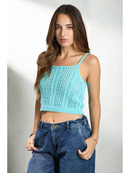 Virgio - Blue Women Cotton Shoulder Straps Neck Crop Length Solid Sleeveless Top