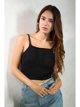 Virgio - Black Women Cotton Shoulder Straps Neck Crop Length Solid Sleeveless Top