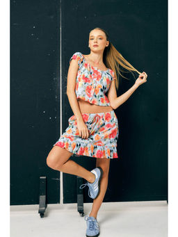 Virgio - Blue Women Cotton Square Neck Crop Length Floral Print Puff Sleeves Top