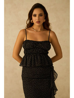 Virgio - Black Women Recycled Polyester Polka Dots Shoulder Straps Sleeve Top