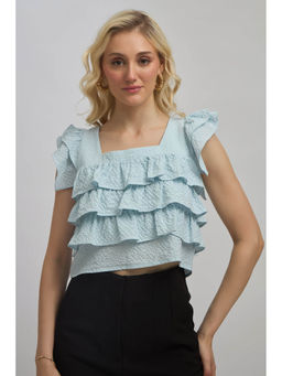 Virgio - Blue Women Recycled Polyester Square Neck Regular Textured Crop Top