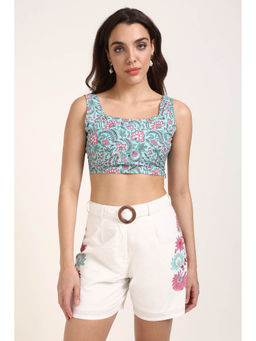 Virgio - Blue Women Cotton Round Neck Crop Length Floral Print Sleeveless Top