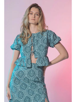 Virgio - Turquoise Women Cotton Round Neck Print Puff Sleeves Top