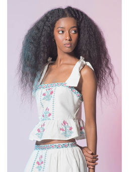 Virgio - White Women Cotton Shoulder Straps Neck Print Sleeveless Crop Top