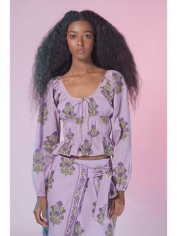 Virgio - Lavender Women Cotton Round Neck Crop Length Ethnic Motifs Print Puff Sleeves Top