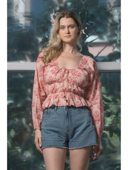 Virgio - Peach Women Cotton Scoop Neck Ethnic Motifs Print Full Sleeves Top