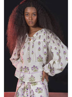 Virgio - White Women Cotton Keyhole Neck Regular Ethnic Motifs Print Puff Sleeves Top