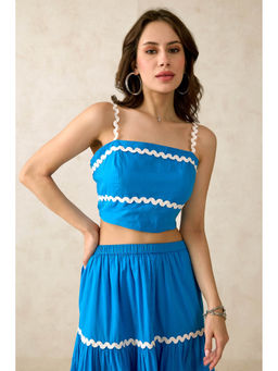 Virgio - Blue Women Cotton Crop Length Solid Shoulder Straps Sleeve Top