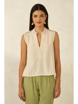 Virgio - Beige Women Viscose Mandarin Collar Neck Solid Sleeveless Top