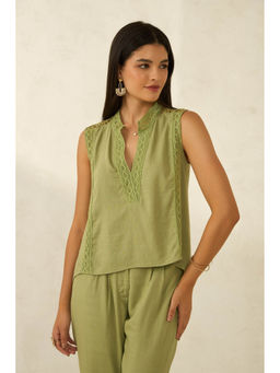 Virgio - Olive Women Viscose Mandarin Collar Neck Solid Sleeveless Top