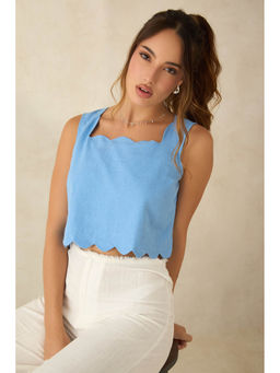 Virgio - Blue Women Viscose Square Neck Crop Length Solid Sleeveless Top