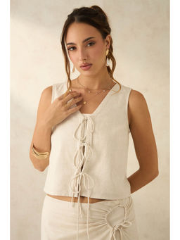 Virgio - White Women Cotton V-Neck Crop Length Solid Sleeveless Top